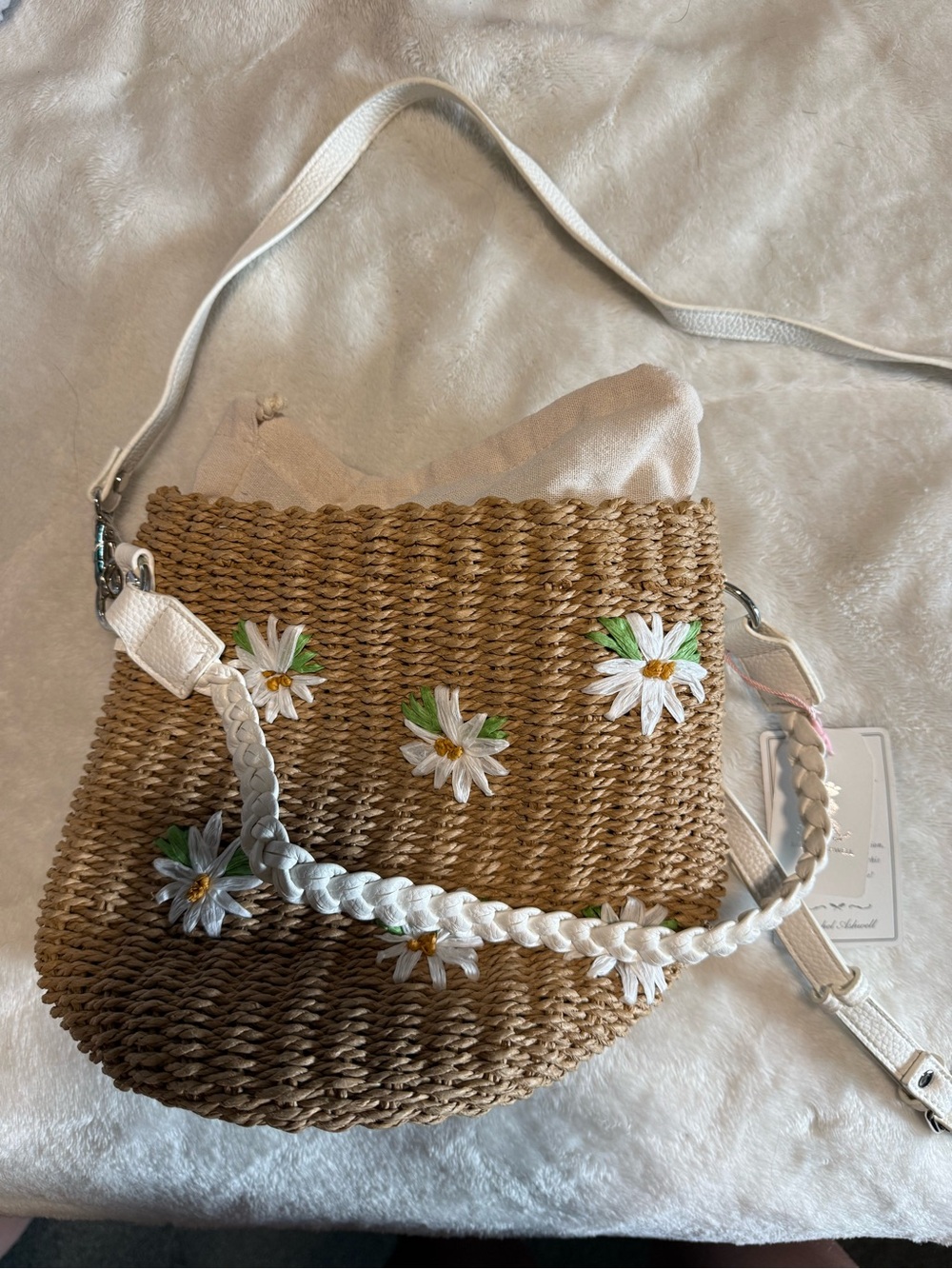 Handwoven Straw Crossbody Bag with White Daisy Embroidery